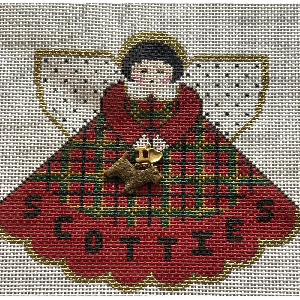 Needlepoint Canvas Scotties Angel Hand Painted Pony Scotty Charm Red Plaid